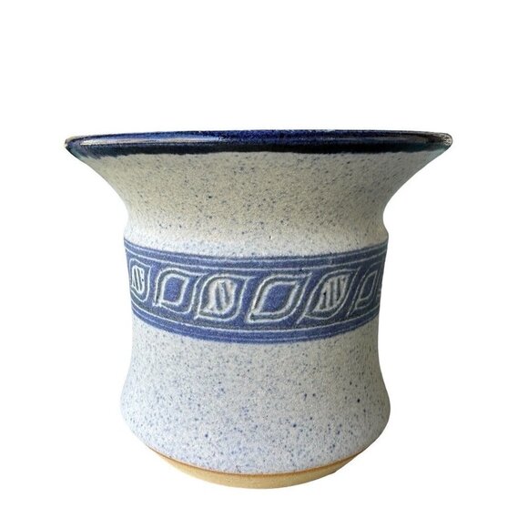 VTG James Sanders Kay 1992 Vase Stoneware Pottery Carved Leaf Design Blue 3.5" - Picture 5 of 11
